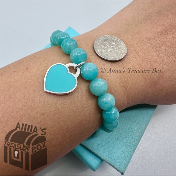 Tiffany & Co. 925 Silver 8mm Amazonite Blue Heart 7” Bracelet (pouch) - Picture 8 of 8